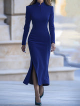 【24-hour shipping out】Fashion Retro Solid Color Stand Collar Button Detail Long Sleeve Slim Midi Dress