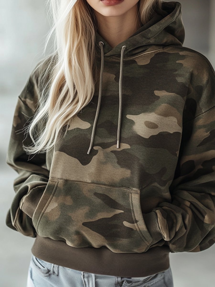 【24-hour shipping out】Vintage Casual Pocket Hooded Camouflage Sweatshirt
