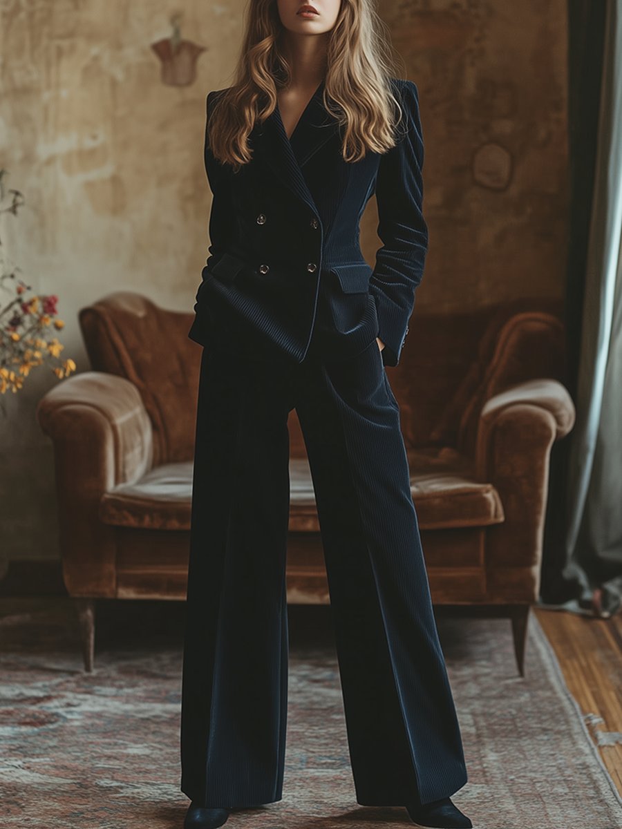 【24-hour shipping out】Retro Fashion Navy Lapel Corduroy Double-breasted Blazer and Wide-leg Pants Two-piece Set