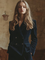 【24-hour shipping out】Retro Fashion Navy Lapel Corduroy Double-breasted Blazer and Wide-leg Pants Two-piece Set