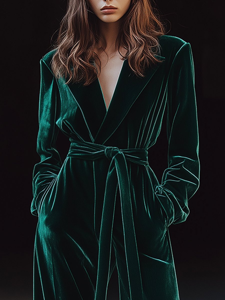 【24-hour shipping out】Retro Fashion Lapel Tie Pocket Velvet Jumpsuit