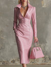Elegant And Gentle Pink Faux Leather Midi Dress