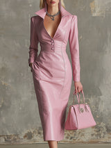 Elegant And Gentle Pink Faux Leather Midi Dress