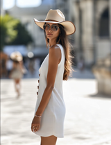 【24-hour shipping out】Comfortable And Fashionable White Cotton And Linen V-neck Button Sleeveless Mini Dress