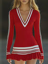 【24-hour shipping out】Fashionable Sports White Striped Red V-neck Long Sleeve Mini Dress