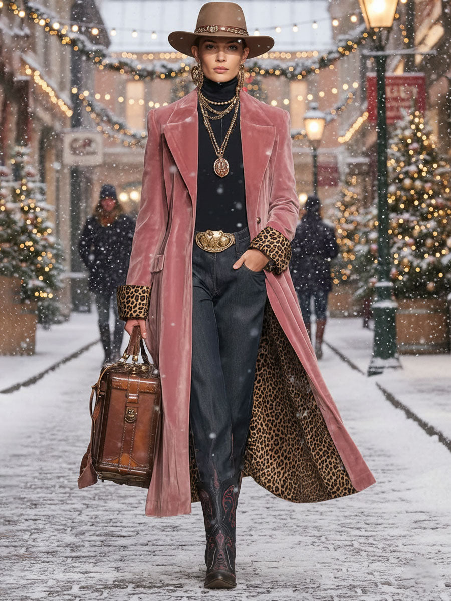 Lapel Single-breasted Velvet And Leopard Print Coat