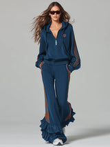 Casual Ruffle Trim Dark Blue Hooded Sweatshirt And Trousers Sports Set