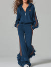 Casual Ruffle Trim Dark Blue Hooded Sweatshirt And Trousers Sports Set