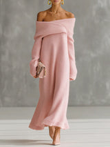 Pink Mohair One-shoulder Loose Maxi Dress