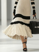 【24-hour shipping out】Fashion Loose Retro Black and White Striped Knitted Turtleneck Midi Dress
