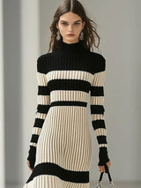 【24-hour shipping out】Fashion Loose Retro Black and White Striped Knitted Turtleneck Midi Dress