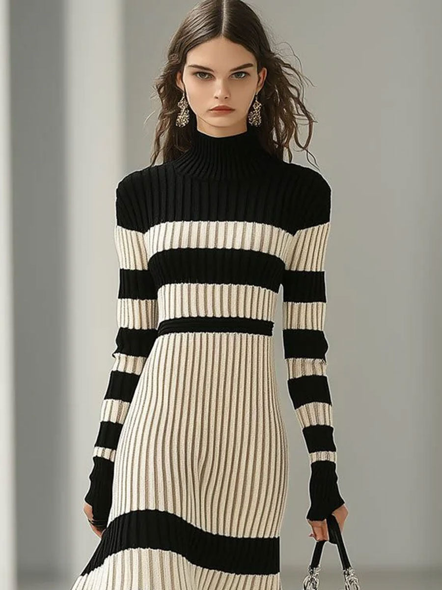【24-hour shipping out】Fashion Loose Retro Black and White Striped Knitted Turtleneck Midi Dress