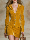Elegant Vintage Velvet Hooded Top And Skirt Set