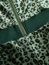 Retro Elegant Green Leopard Print Hooded Velvet Jumpsuit