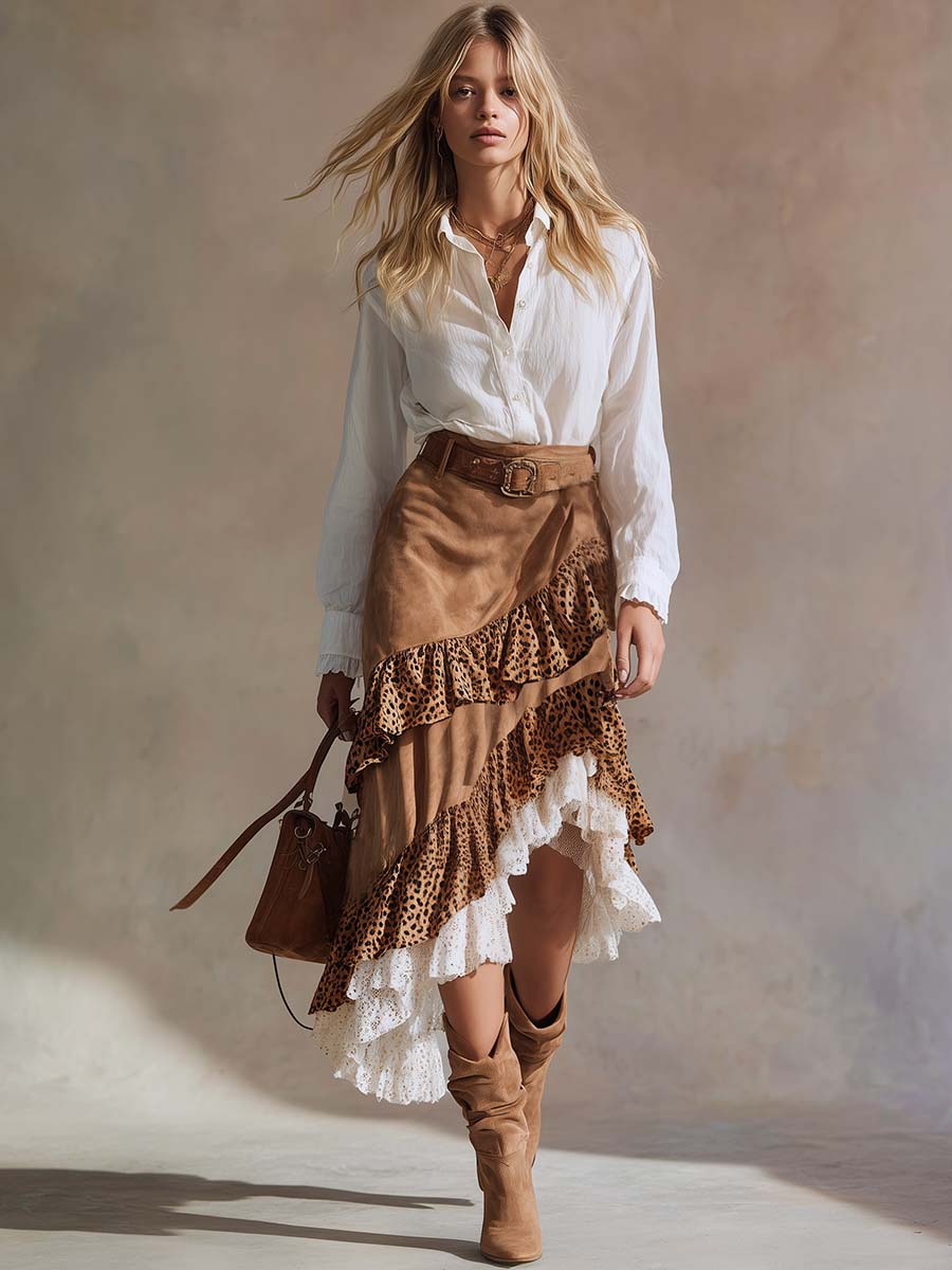 Elegant Western-style Leopard Print And White Lace Layered Ruffled Light Brown Suede Skirt