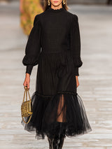 Western Black Cotton Linen Patchwork Tulle Round Neck Midi Dress