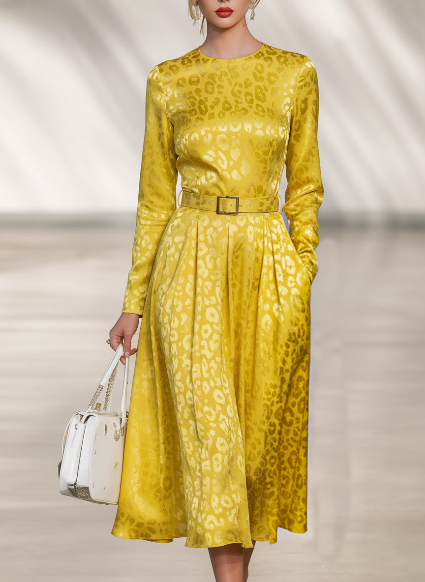 Elegant Yellow Leopard Print Round Neck With Belt Midi Dress