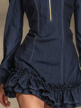 Stand-up Collar Half-zip Ruffled Denim Long-sleeved Mini Dress