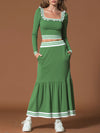 Sporty Retro Striped Square Neck Ruffled Green Cotton T-shirt And Skirt Set