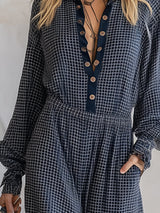 Casual And Stylish Navy Blue Checkered Long-sleeved Wide-leg Jumpsuit