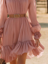 Stylish Pink Chiffon PleatedWith Ruffled Trim Midi Dress