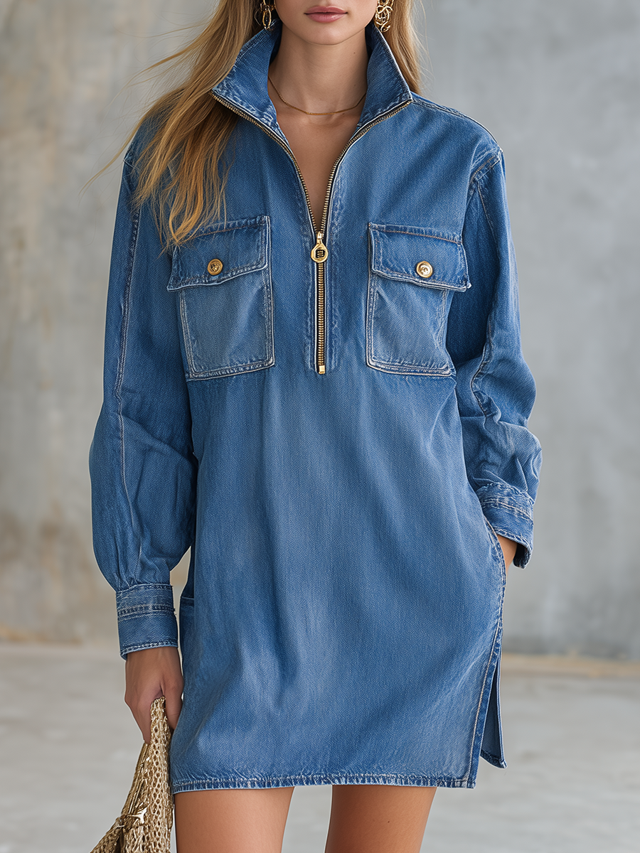 Retro Zippered Stand-up Collar Chest Pocket Denim Mini Dress