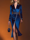 High-end And Elegant White Ribbon And Blue Velvet Midi Dress