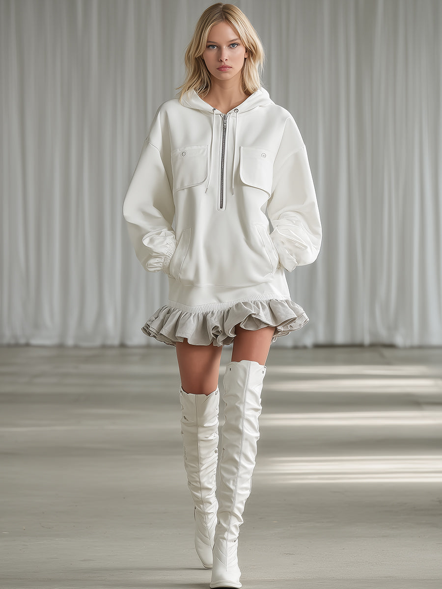 Casual And Stylish Beige-grey Ruffled White Hooded Sporty Mini Dress