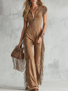 Retro Western-style Light Brown Faux Suede Fringes Jumpsuit