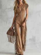 Retro Western-style Light Brown Faux Suede Fringes Jumpsuit