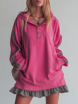 Sporty Color-blocked Ruffled Half-zip Hooded Long-sleeved Mini Dress
