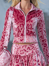 Pink Leopard Print Jacket And Velvet Skirt Set