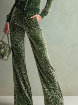 Retro Elegant Green Leopard Print Hooded Velvet Jumpsuit