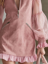 Lapel Collar Zip-up Patchwork Mesh Faux Suede Long-sleeved Mini Dress