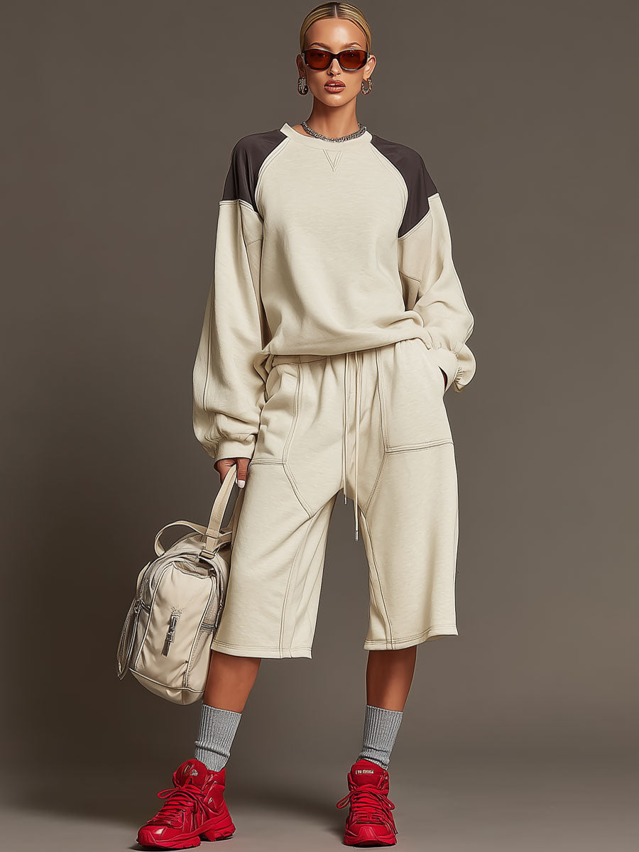 Sporty Retro Crew Neck Color Block Beige Cotton Sweatshirt And Shorts Set