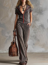 Vintage-style Distressed Cotton Tan T-shirt And Pants Set