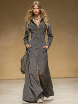 Lapel Collar Single-breasted Multi-pocket Vintage Grey Denim Long-sleeved Maxi Dress