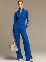 Sporty Retro Royal Blue Ribbed Knit Top And Wide-leg Pants Set