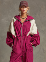 Outdoor Sports Retro Rose Red Zip-up Long-sleeved Jumpsuit
