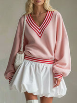 Loose-fitting V-neck Color-block Long-sleeved Sporty Mini Dress