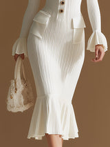 Stylish And Elegant White V-neck Knitted Button-down Midi Dress