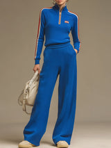 Casual Sporty Striped Royal Blue Knit Ribbed Half-zip Top And Wide-leg Pants Set