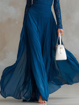 Fashionable Retro Long-sleeved Indigo Blue Lace Chiffon Maxi Dress