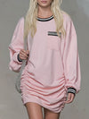 Loose-fitting Round-neck Single-pocket Gathered Long-sleeved Athletic Mini Dress