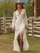 Retro White Lace V-neck Long Sleeve Tassel Short Front And Long Back Skirt Maxi Dress