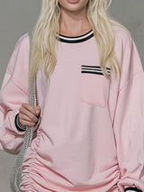 Loose-fitting Round-neck Single-pocket Gathered Long-sleeved Athletic Mini Dress