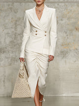 Elegant White Cotton And Linen With A Pleated Skirt Set