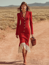 Vintage Western Style V-neck Metal Buttons And Fringe Faux Suede Midi Dress