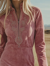 Vintage Western-style Pink Embroidered Faux Suede Midi Dress