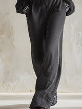 Stylish Sporty Striped Trim Black Corduroy Off-the-shoulder Top And Wide-leg Pants Set